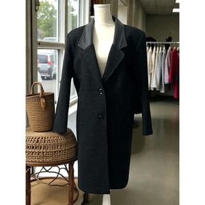 David Benjamin Black Wool Blend Long Blazer Coat Leather Trim Metallic Flecks  8